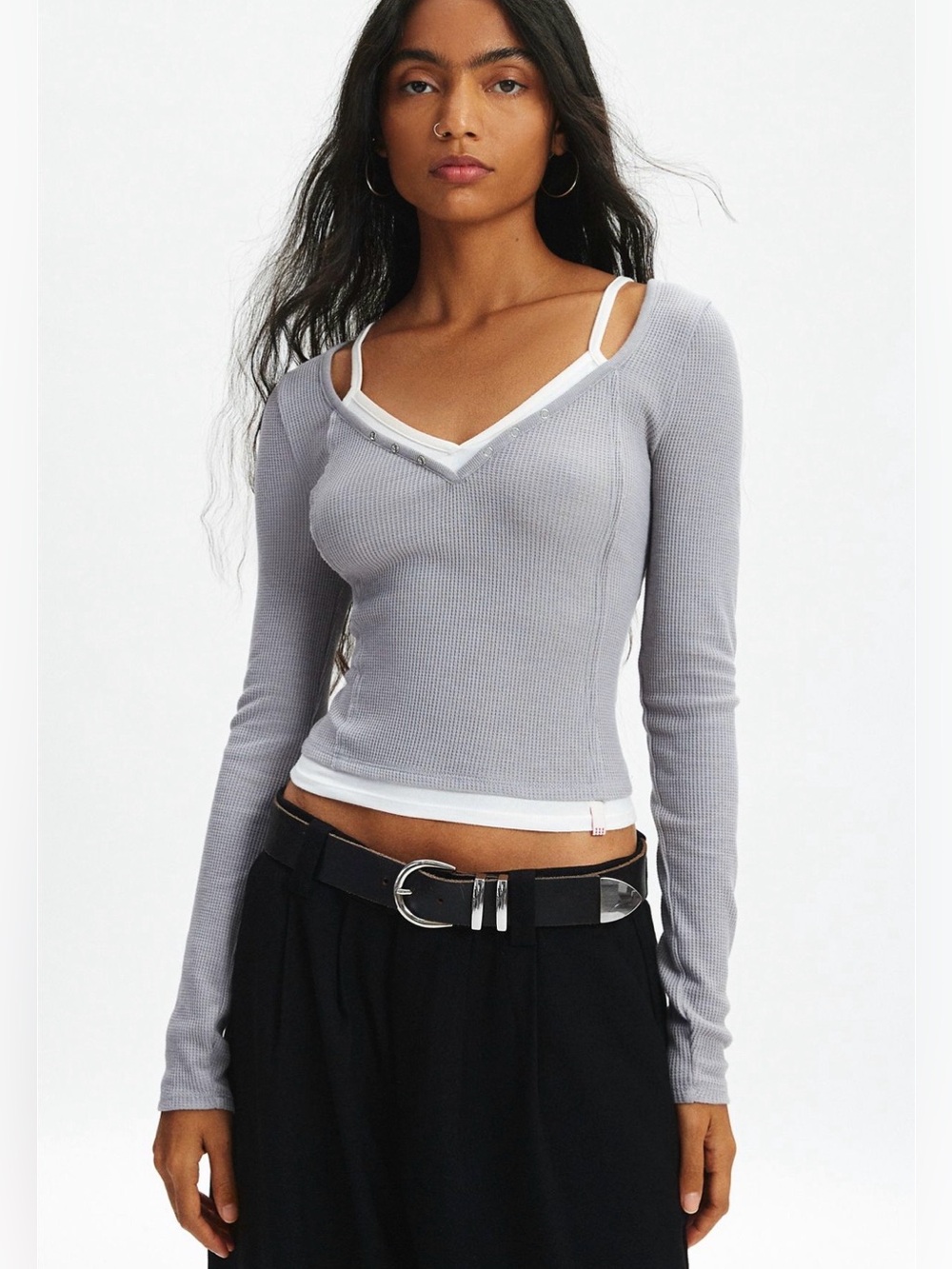 NWT BDG URBAN OUTFITTERS ROBBIE THERMAL DOUBLE LAYER HENLEY TEE, GRAY, SIZE L